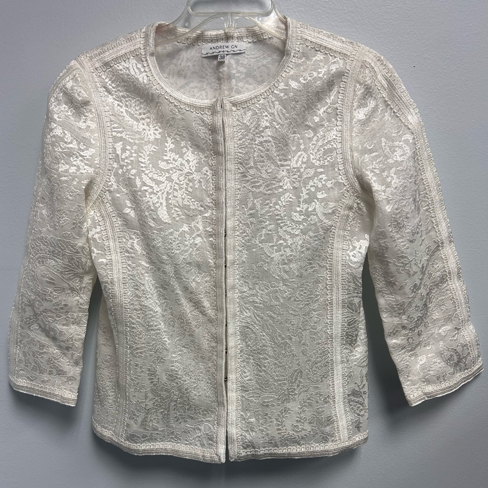 Andrew GN White Paisley Floral Embroidered Blazer Jacket Size 38